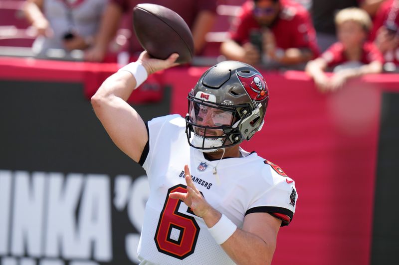 Tampa Bay Buccaneers quarterback Baker Mayfield throws a pass during warmups ahead of an NFL football game against the Chicago Bears, Sunday, Sept. 17, 2023, in Tampa, Fla. (AP Photo/Chris O'Meara)