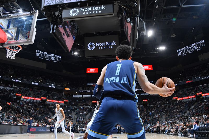 SAN ANTONIO, TX - MARCH 22  Scotty Pippen Jr. #1 of the Memphis Grizzlies  handles the ball during the game against the San Antonio Spurs on March 22, 2024 at the Frost Bank Center in San Antonio, Texas. NOTE TO USER: User expressly acknowledges and agrees that, by downloading and or using this photograph, user is consenting to the terms and conditions of the Getty Images License Agreement. Mandatory Copyright Notice: Copyright 2024 NBAE (Photos by Michael Gonzales/NBAE via Getty Images)