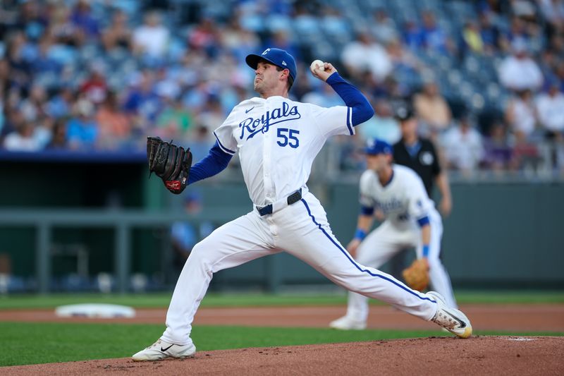 Jun 24, 2024; Kansas City, Missouri, USA; Kansas City Royals pitcher Cole Ragans (55) pitches during the first inning against the Miami Marlins at Kauffman Stadium. Mandatory Credit: William Purnell-USA TODAY Sports