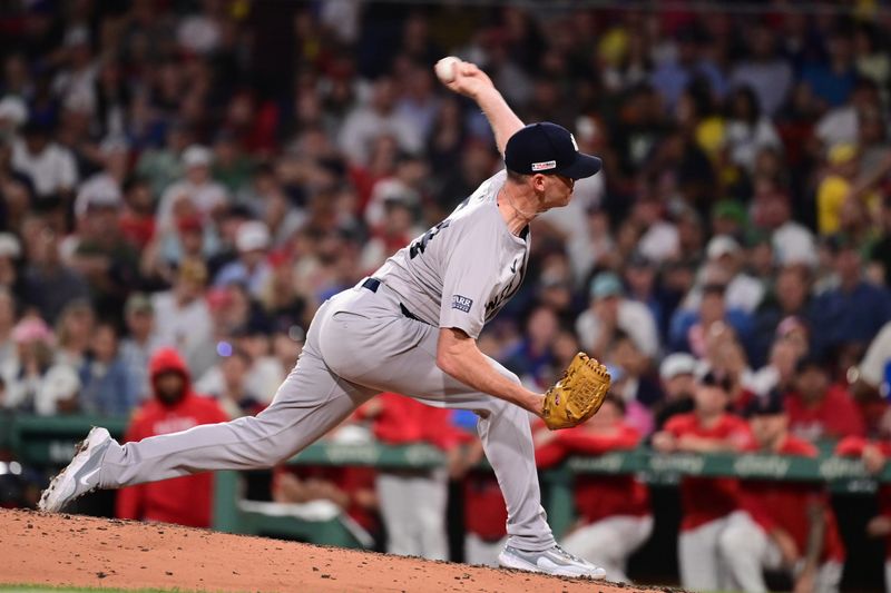 Jun 14, 2024; Boston, Massachusetts, USA; New York Yankees pitcher Caleb Ferguson (64)  pitches against the Boston Red Sox during the sixth inning at Fenway Park. Mandatory Credit: Eric Canha-USA TODAY Sports