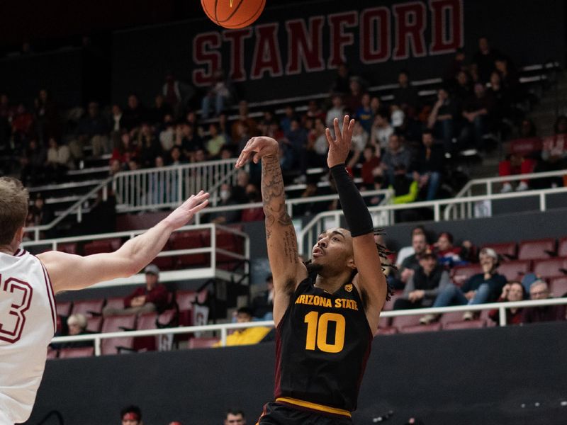 Feb 9, 2023; Stanford, California, USA;  Arizona State Sun Devils guard Frankie Collins (10) shoots the ball during the second half against the Stanford Cardinal at Maples Pavilion. Mandatory Credit: Stan Szeto-USA TODAY Sports