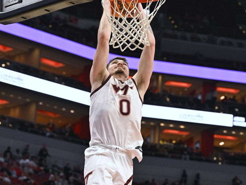 Mar 5, 2024; Louisville, Kentucky, USA; Virginia Tech Hokies guard Hunter Cattoor (0) dunks against the Louisville Cardinals during the first half at KFC Yum! Center. Virginia Tech defeated Louisville 80-64. Mandatory Credit: Jamie Rhodes-USA TODAY Sports