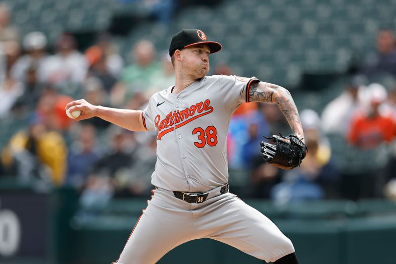 May 26, 2024; Chicago, Illinois, USA; Baltimore Orioles starting pitcher Kyle Bradish (38) delivers a pitch against the Chicago White Sox during the first inning at Guaranteed Rate Field. Mandatory Credit: Kamil Krzaczynski-USA TODAY Sports