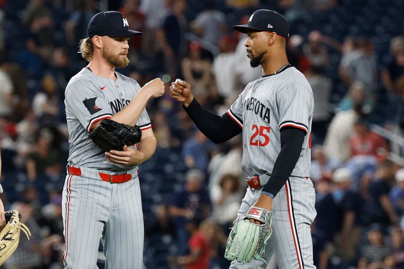 May 21, 2024; Washington, District of Columbia, USA; Minnesota Twins relief pitcher Josh Staumont (63) celebrates with Twins outfielder Byron Buxton (25) after their game against the Washington Nationals at Nationals Park. Mandatory Credit: Geoff Burke-USA TODAY Sports