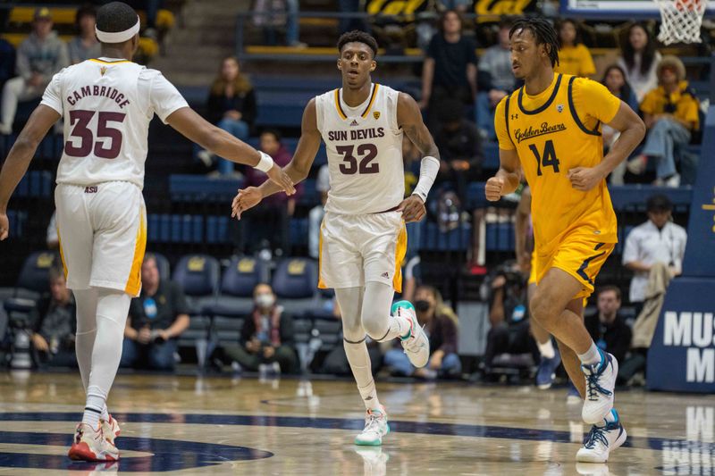 Feb 11, 2023; Berkeley, California, USA; Arizona State Sun Devils forward Alonzo Gaffney (32) is celebrates with Arizona State Sun Devils guard Devan Cambridge (35) after the basket against California Golden Bears forward Grant Newell (14) during overtime period at Haas Pavilion. Mandatory Credit: Neville E. Guard-USA TODAY Sports