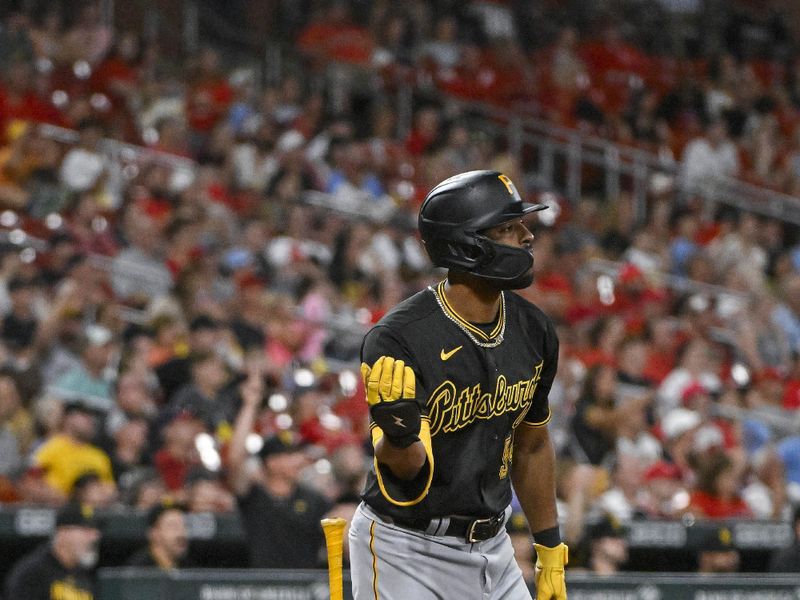 Sep 2, 2023; St. Louis, Missouri, USA;  Pittsburgh Pirates pinch hitter Joshua Palacios (54) flips his bat after hitting a go ahead two run home run against the St. Louis Cardinals during the ninth inning at Busch Stadium. Mandatory Credit: Jeff Curry-USA TODAY Sports