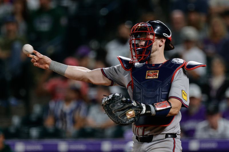 Aug 10, 2024; Denver, Colorado, USA; Atlanta Braves catcher Sean Murphy (12) in the eighth inning against the Colorado Rockies at Coors Field. Mandatory Credit: Isaiah J. Downing-USA TODAY Sports