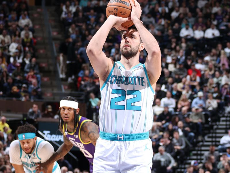 SALT LAKE CITY, UT - FEBRUARY 22: Vasilije Micic #22 of the Charlotte Hornets shoots a free throw during the game against the Utah Jazz on February 22, 2024 at Delta Center in Salt Lake City, Utah. NOTE TO USER: User expressly acknowledges and agrees that, by downloading and or using this Photograph, User is consenting to the terms and conditions of the Getty Images License Agreement. Mandatory Copyright Notice: Copyright 2024 NBAE (Photo by Melissa Majchrzak/NBAE via Getty Images)