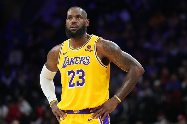 PHILADELPHIA, PA - NOVEMBER 27: LeBron James #23 of the Los Angeles Lakers looks on during the game against the Philadelphia 76ers on November 27, 2023 at the Wells Fargo Center in Philadelphia, Pennsylvania NOTE TO USER: User expressly acknowledges and agrees that, by downloading and/or using this Photograph, user is consenting to the terms and conditions of the Getty Images License Agreement. Mandatory Copyright Notice: Copyright 2023 NBAE (Photo by Jesse D. Garrabrant/NBAE via Getty Images)