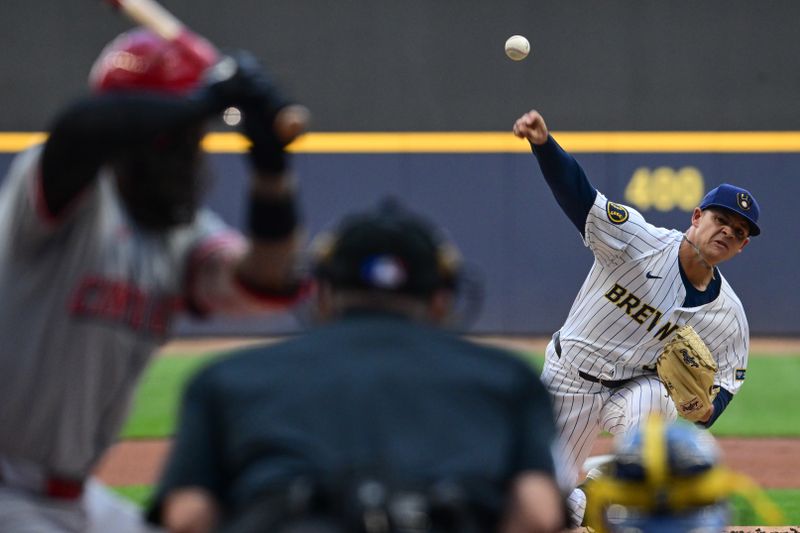 Aug 10, 2024; Milwaukee, Wisconsin, USA; Milwaukee Brewers starting pitcher Tobias Myers (36) pitches against the Cincinnati Reds in the first inning at American Family Field. Mandatory Credit: Benny Sieu-USA TODAY Sports