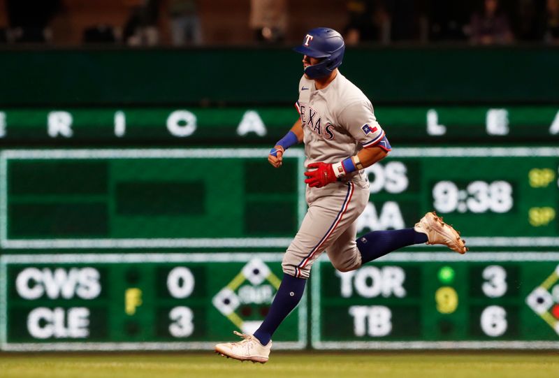 May 22, 2023; Pittsburgh, Pennsylvania, USA;  Texas Rangers third baseman Josh Jung (6) circles the bases on a two run home run against the Pittsburgh Pirates during the ninth inning at PNC Park. The Pirates won 6-4. Mandatory Credit: Charles LeClaire-USA TODAY Sports