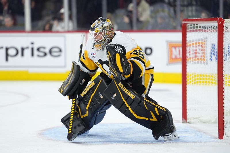 Dec 1, 2025; Philadelphia, Pennsylvania, USA; Pittsburgh Penguins goalie Tristan Jarry (35) in action against the Philadelphia Flyers in the first period at Xfinity Mobile Arena. Mandatory Credit: Kyle Ross-Imagn Images