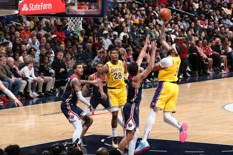 WASHINGTON, DC -? APRIL 3: Anthony Davis #3 of the Los Angeles Lakers shoots the ball during the game against the Washington Wizards on April 3, 2024 at Capital One Arena in Washington, DC. NOTE TO USER: User expressly acknowledges and agrees that, by downloading and or using this Photograph, user is consenting to the terms and conditions of the Getty Images License Agreement. Mandatory Copyright Notice: Copyright 2024 NBAE (Photo by Stephen Gosling/NBAE via Getty Images)