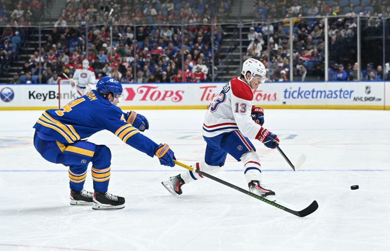 Nov 11, 2024; Buffalo, New York, USA; Montreal Canadiens right wing Cole Caufield (13) skates to the puck in front of Buffalo Sabres defenseman Bowen Byram (4) in the third period at KeyBank Center. Mandatory Credit: Mark Konezny-Imagn Images