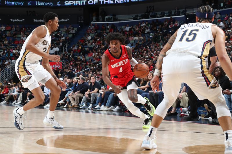 NEW ORLEANS, LA - FEBRUARY 22: Jalen Green #4 of the Houston Rockets drives to the basket during the game against the New Orleans Pelicans on February 22, 2024 at the Smoothie King Center in New Orleans, Louisiana. NOTE TO USER: User expressly acknowledges and agrees that, by downloading and or using this Photograph, user is consenting to the terms and conditions of the Getty Images License Agreement. Mandatory Copyright Notice: Copyright 2024 NBAE (Photo by Layne Murdoch Jr./NBAE via Getty Images)