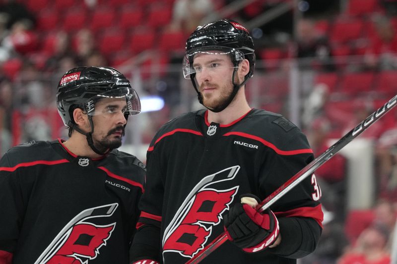May 20, 2025; Raleigh, North Carolina, USA; Carolina Hurricanes forward Andrei Svechnikov (37) looks on during the third period against the Florida Panthers in game one of the Eastern Conference Final of the 2025 Stanley Cup Playoffs at Lenovo Center. Mandatory Credit: James Guillory-Imagn Images