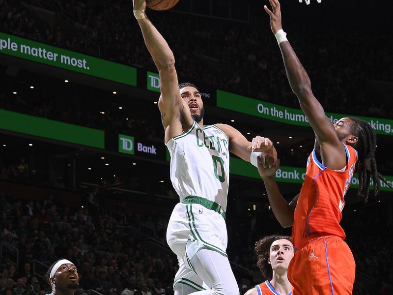 BOSTON, MA - APRIL 3: Jayson Tatum #0 of the Boston Celtics drives to the basket during the game against the Oklahoma City Thunder on April 3, 2024 at the TD Garden in Boston, Massachusetts. NOTE TO USER: User expressly acknowledges and agrees that, by downloading and or using this photograph, User is consenting to the terms and conditions of the Getty Images License Agreement. Mandatory Copyright Notice: Copyright 2024 NBAE  (Photo by Brian Babineau/NBAE via Getty Images)