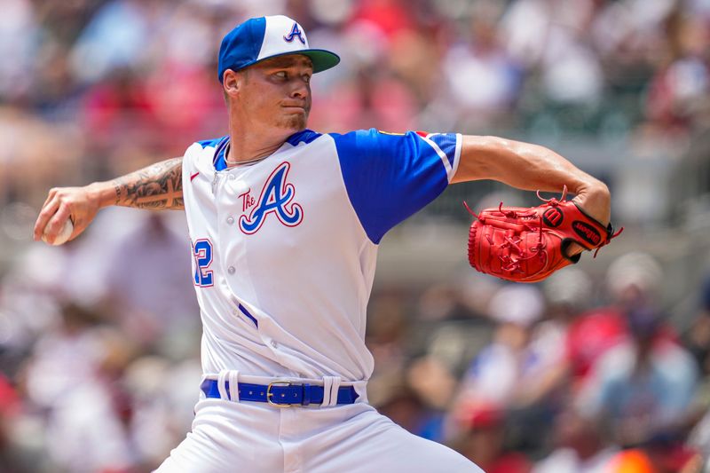 Jul 30, 2023; Cumberland, Georgia, USA; Atlanta Braves stating pitcher AJ Smith-Shawver (62) pitches against the Milwaukee Brewers during the second inning at Truist Park. Mandatory Credit: Dale Zanine-USA TODAY Sports