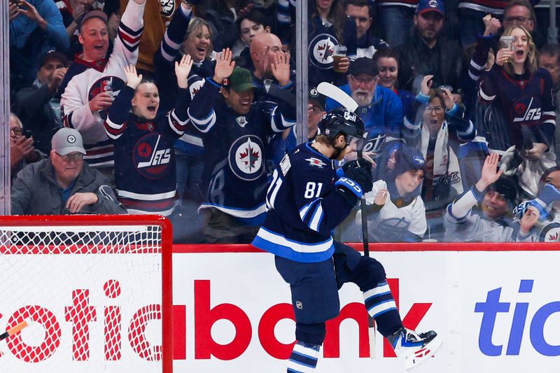 Jan 13, 2026; Winnipeg, Manitoba, CAN; Winnipeg Jets forward Kyle Connor (81) celebrates his goal against the New York Islanders during the first period at Canada Life Centre. Mandatory Credit: Terrence Lee-Imagn Images