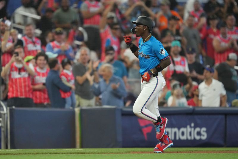 Apr 28, 2024; Miami, Florida, USA;  Miami Marlins center fielder Jazz Chisholm Jr. (2) rounds the bases after hitting a grand slam in the first inning against the Washington Nationals at loanDepot Park. Mandatory Credit: Jim Rassol-USA TODAY Sports