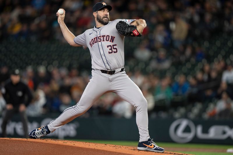 May 29, 2024; Seattle, Washington, USA; Houston Astros starter Justin Verlander (35) delivers a pitch during the second inning against the Seattle Mariners at T-Mobile Park. Mandatory Credit: Stephen Brashear-USA TODAY Sports