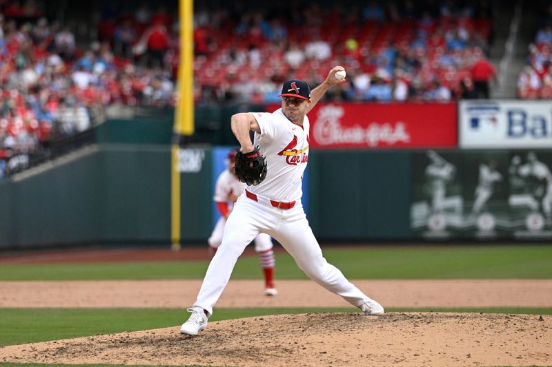 Apr 7, 2024; St. Louis, Missouri, USA; St. Louis Cardinals pitcher John King (47) pitches against the Miami Marlins during the eighth inning at Busch Stadium. Mandatory Credit: Jeff Le-USA TODAY Sports