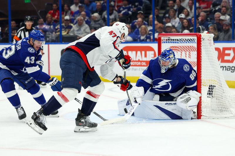 Feb 22, 2024; Tampa, Florida, USA;  Washington Capitals left wing Beck Malenstyn (47) shoots the puck on Tampa Bay Lightning goaltender Andrei Vasilevskiy (88) in the second period at Amalie Arena. Mandatory Credit: Nathan Ray Seebeck-USA TODAY Sports