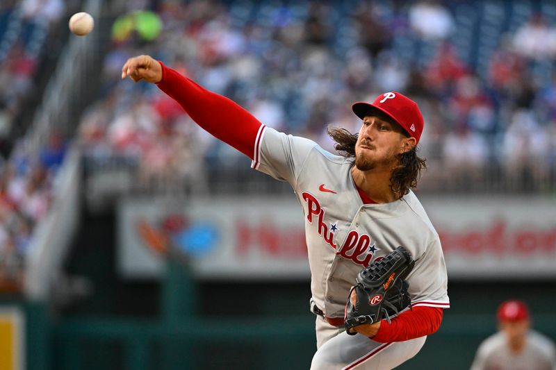 Aug 18, 2023; Washington, District of Columbia, USA; Philadelphia Phillies starting pitcher Michael Lorenzen (22) throws to the Washington Nationals during the first inning at Nationals Park. Mandatory Credit: Brad Mills-USA TODAY Sports