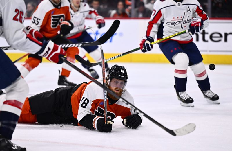 Dec 14, 2023; Philadelphia, Pennsylvania, USA; Philadelphia Flyers defenseman Marc Staal (18) watches a loose puck from the ice against the Washington Capitals in the second period at Wells Fargo Center. Mandatory Credit: Kyle Ross-USA TODAY Sports