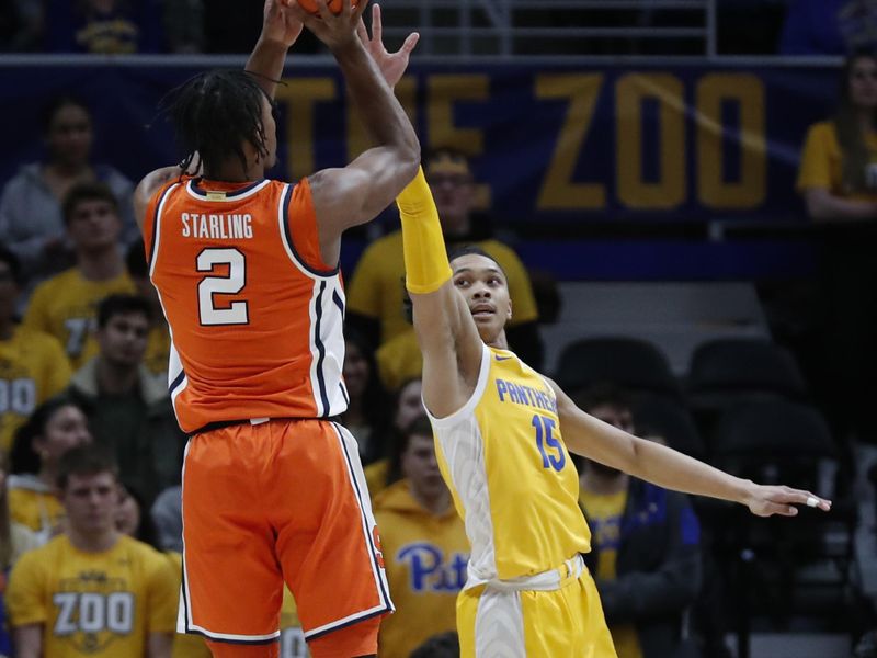 Jan 16, 2024; Pittsburgh, Pennsylvania, USA; Syracuse Orange guard JJ Starling (2) shoots against Pittsburgh Panthers guard Jaland Lowe (15) during the first half at the Petersen Events Center. Mandatory Credit: Charles LeClaire-USA TODAY Sports