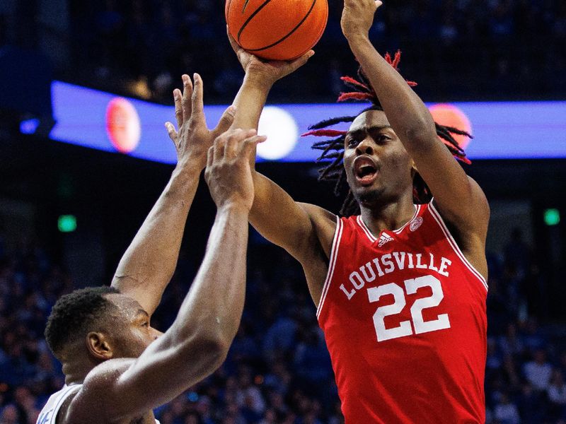 Dec 31, 2022; Lexington, Kentucky, USA; Louisville Cardinals forward Kamari Lands (22) shoots the ball during the first half against the Kentucky Wildcats at Rupp Arena at Central Bank Center. Mandatory Credit: Jordan Prather-USA TODAY Sports