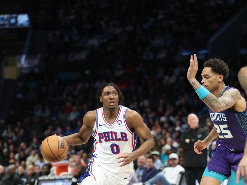 CHARLOTTE, NC - JANUARY 20:  Tyrese Maxey #0 of the Philadelphia 76ers goes to the basket during the game on January 20, 2024 at Spectrum Center in Charlotte, North Carolina. NOTE TO USER: User expressly acknowledges and agrees that, by downloading and or using this photograph, User is consenting to the terms and conditions of the Getty Images License Agreement.  Mandatory Copyright Notice:  Copyright 2024 NBAE (Photo by Brock Williams-Smith/NBAE via Getty Images)