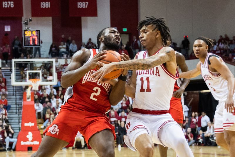 Jan 28, 2023; Bloomington, Indiana, USA; Ohio State Buckeyes guard Bruce Thornton (2) shoots the ball while Indiana Hoosiers guard CJ Gunn (11) defends in the second half  at Simon Skjodt Assembly Hall. Mandatory Credit: Trevor Ruszkowski-USA TODAY Sports