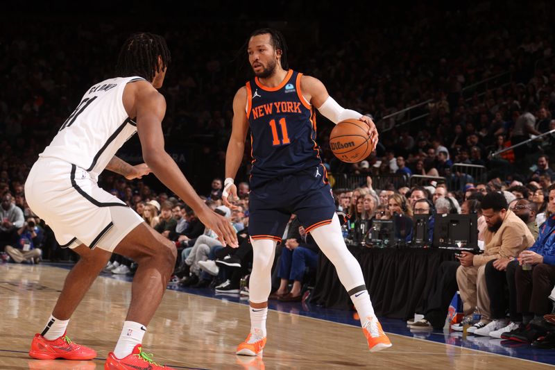 NEW YORK, NY - APRIL 12: Jalen Brunson #11 of the New York Knicks dribbles the ball during the game against the Brooklyn Nets on April 12, 2024 at Madison Square Garden in New York City, New York.  NOTE TO USER: User expressly acknowledges and agrees that, by downloading and or using this photograph, User is consenting to the terms and conditions of the Getty Images License Agreement. Mandatory Copyright Notice: Copyright 2024 NBAE  (Photo by Nathaniel S. Butler/NBAE via Getty Images)