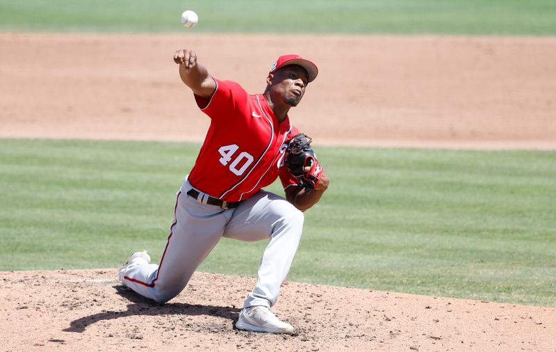 Mar 26, 2023; Jupiter, Florida, USA; Washington Nationals starting pitcher Josiah Gray (40) pitches against the Miami Marlins during the fourth inning at Roger Dean Stadium. Mandatory Credit: Rhona Wise-USA TODAY Sports