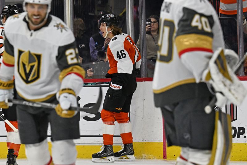 Dec 11, 2025; Philadelphia, Pennsylvania, USA; Philadelphia Flyers center Trevor Zegras (46) celebrates his goal against the Vegas Golden Knights during the first period at Xfinity Mobile Arena. Mandatory Credit: Eric Hartline-Imagn Images