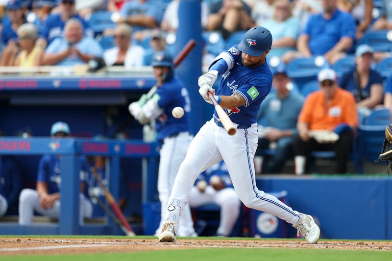 Mar 8, 2026; Dunedin, Florida, USA; Toronto Blue Jays right fielder Nathan Lukes (38) hits a single against the Detroit Tigers in the first inning during spring training at TD Ballpark. Mandatory Credit: Nathan Ray Seebeck-Imagn Images Mar 8, 2026; Dunedin, Florida, USA; Toronto Blue Jays right fielder Nathan Lukes (38) hits a single against the Detroit Tigers in the first inning during spring training at TD Ballpark. Mandatory Credit: Nathan Ray Seebeck-Imagn Images