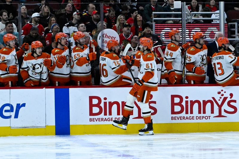 Nov 30, 2025; Chicago, Illinois, USA;  Anaheim Ducks left wing Cutter Gauthier (61) celebrates a goal against the Chicago Blackhawks during the first period at United Center. Mandatory Credit: Matt Marton-Imagn Images