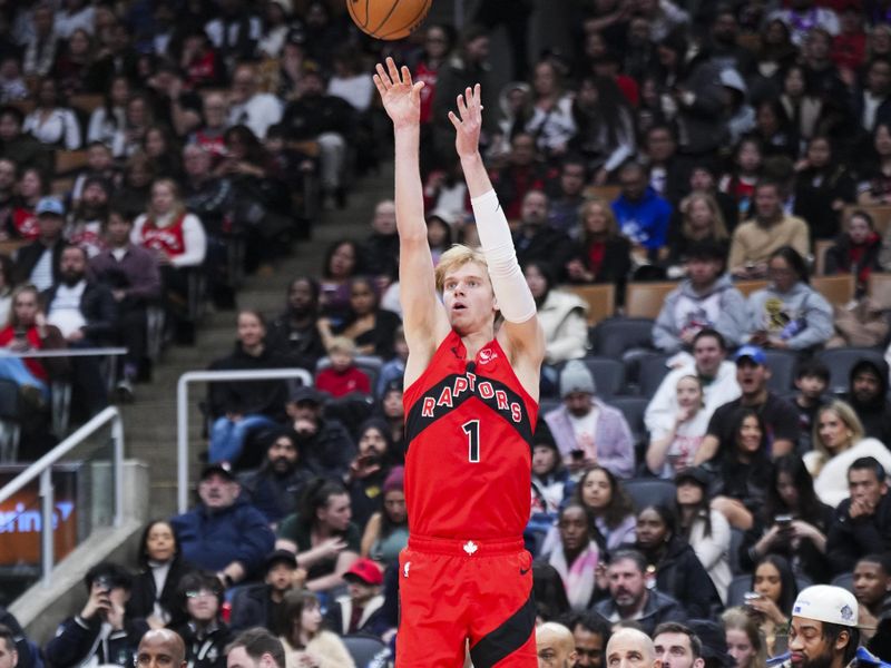 TORONTO, ON - JANUARY 1: Gradey Dick #1 of the Toronto Raptors shoots against the Brooklyn Nets during the second half of their basketball game at the Scotiabank Arena on January 1, 2025 in Toronto, Ontario, Canada. NOTE TO USER: User expressly acknowledges and agrees that, by downloading and/or using this Photograph, user is consenting to the terms and conditions of the Getty Images License Agreement. (Photo by Mark Blinch/Getty Images)
