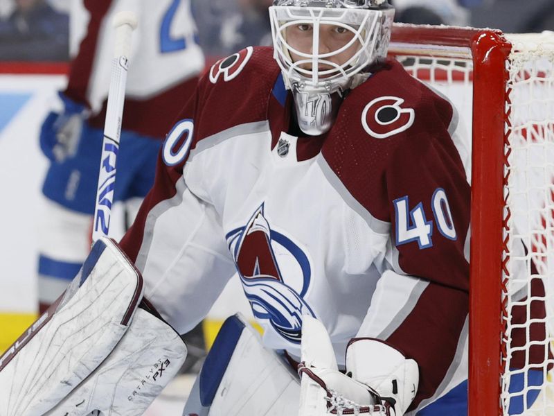 Apr 30, 2024; Winnipeg, Manitoba, CAN; Colorado Avalanche goaltender Alexandar Georgiev (40) warms up before the start of the second period against the Winnipeg Jets in game five of the first round of the 2024 Stanley Cup Playoffs at Canada Life Centre. Mandatory Credit: James Carey Lauder-USA TODAY Sports