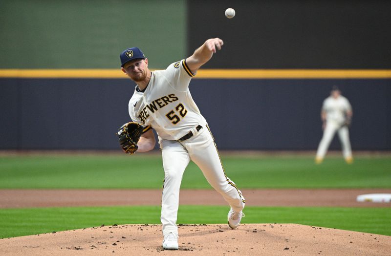 Apr 25, 2023; Milwaukee, Wisconsin, USA; Milwaukee Brewers starting pitcher Eric Lauer (52) delivers a pitch against the Detroit Tigers in the first inning at American Family Field. Mandatory Credit: Michael McLoone-USA TODAY Sports