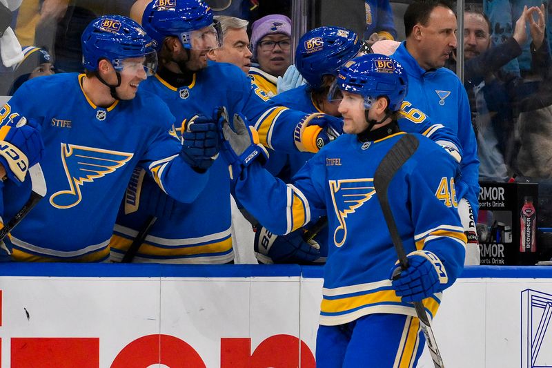 Nov 9, 2024; St. Louis, Missouri, USA;  St. Louis Blues defenseman Scott Perunovich (48) is congratulated by teammates after scoring his first NHL goal during the first period against the Washington Capitals at Enterprise Center. Mandatory Credit: Jeff Curry-Imagn Images