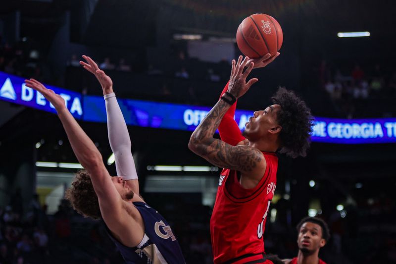 Feb 1, 2025; Atlanta, Georgia, USA; Louisville Cardinals guard Terrence Edwards Jr. (5) shoots against the Georgia Tech Yellow Jackets in the first half at McCamish Pavilion. Mandatory Credit: Brett Davis-Imagn Images