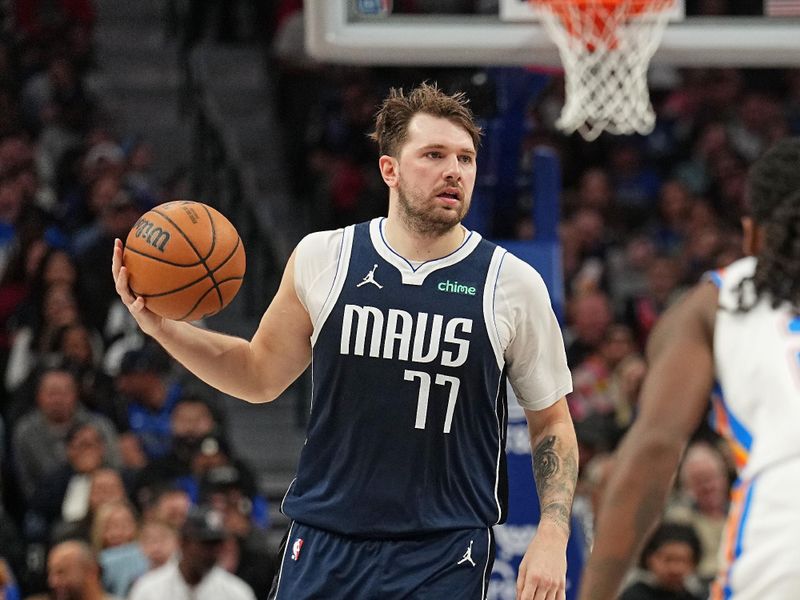 DALLAS, TX - FEBRUARY 10: Luka Doncic #77 of the Dallas Mavericks looks on during the game against the Oklahoma City Thunder on February 10, 2024 at the American Airlines Center in Dallas, Texas. NOTE TO USER: User expressly acknowledges and agrees that, by downloading and or using this photograph, User is consenting to the terms and conditions of the Getty Images License Agreement. Mandatory Copyright Notice: Copyright 2024 NBAE (Photo by Glenn James/NBAE via Getty Images)