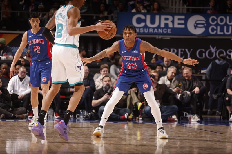 DETROIT, MI - March 11: Marcus Sasser #25 of the Detroit Pistons Detroit Pistons plays defense during the game against the Charlotte Hornets on March 11, 2024 at Little Caesars Arena in Detroit, Michigan. NOTE TO USER: User expressly acknowledges and agrees that, by downloading and/or using this photograph, User is consenting to the terms and conditions of the Getty Images License Agreement. Mandatory Copyright Notice: Copyright 2024 NBAE (Photo by Brian Sevald/NBAE via Getty Images)