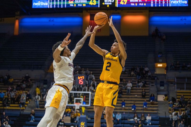 Feb 11, 2023; Berkeley, California, USA; California Golden Bears forward Monty Bowser (2) shoots the basketball over Arizona State Sun Devils guard Desmond Cambridge Jr. (4)  during the second half at Haas Pavilion. Mandatory Credit: Neville E. Guard-USA TODAY Sports