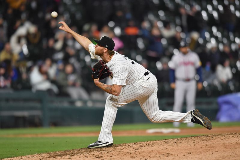 Apr 2, 2024; Chicago, Illinois, USA; Chicago White Sox relief pitcher Michael Kopech (34) pitches during the ninth inning against the Atlanta Braves at Guaranteed Rate Field. Mandatory Credit: Patrick Gorski-USA TODAY Sports