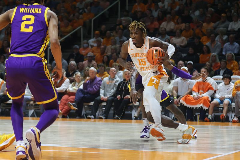 Feb 7, 2024; Knoxville, Tennessee, USA; Tennessee Volunteers guard Jahmai Mashack (15) moves the ball against the LSU Tigers during the second half at Thompson-Boling Arena at Food City Center. Mandatory Credit: Randy Sartin-USA TODAY Sports