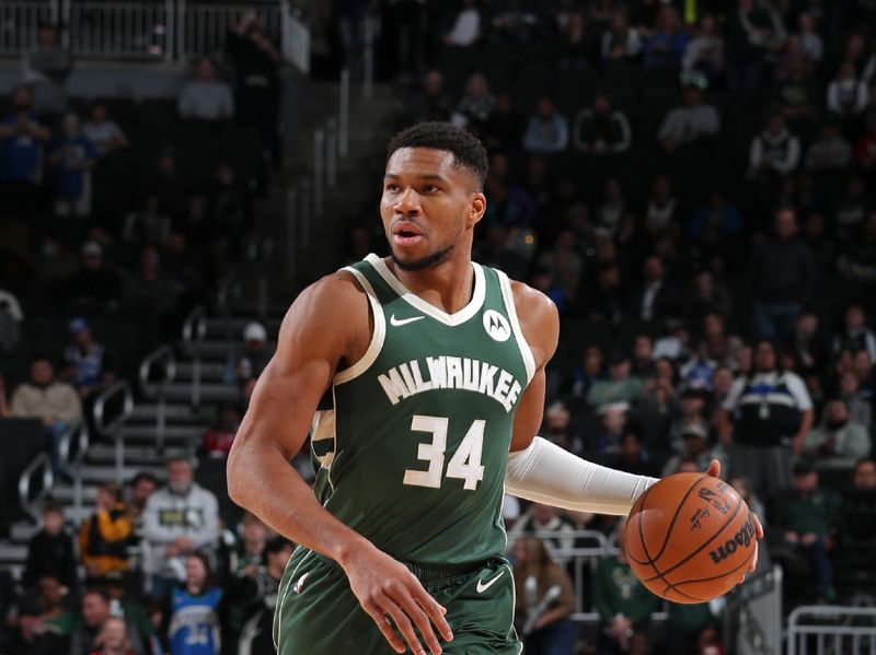 MILWAUKEE, WI - NOVEMBER 20: Giannis Antetokounmpo #34 of the Milwaukee Bucks brings the ball up court during the game against the Chicago Bulls on November 20, 2024 at the Fiserv Forum Center in Milwaukee, Wisconsin. NOTE TO USER: User expressly acknowledges and agrees that, by downloading and or using this Photograph, user is consenting to the terms and conditions of the Getty Images License Agreement. Mandatory Copyright Notice: Copyright 2024 NBAE (Photo by Gary Dineen/NBAE via Getty Images).