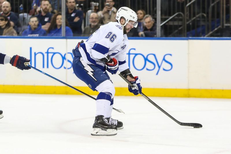 Feb 7, 2024; New York, New York, USA; Tampa Bay Lightning right wing Nikita Kucherov (86) controls the puck in the first period against the New York Rangers at Madison Square Garden. Mandatory Credit: Wendell Cruz-USA TODAY Sports